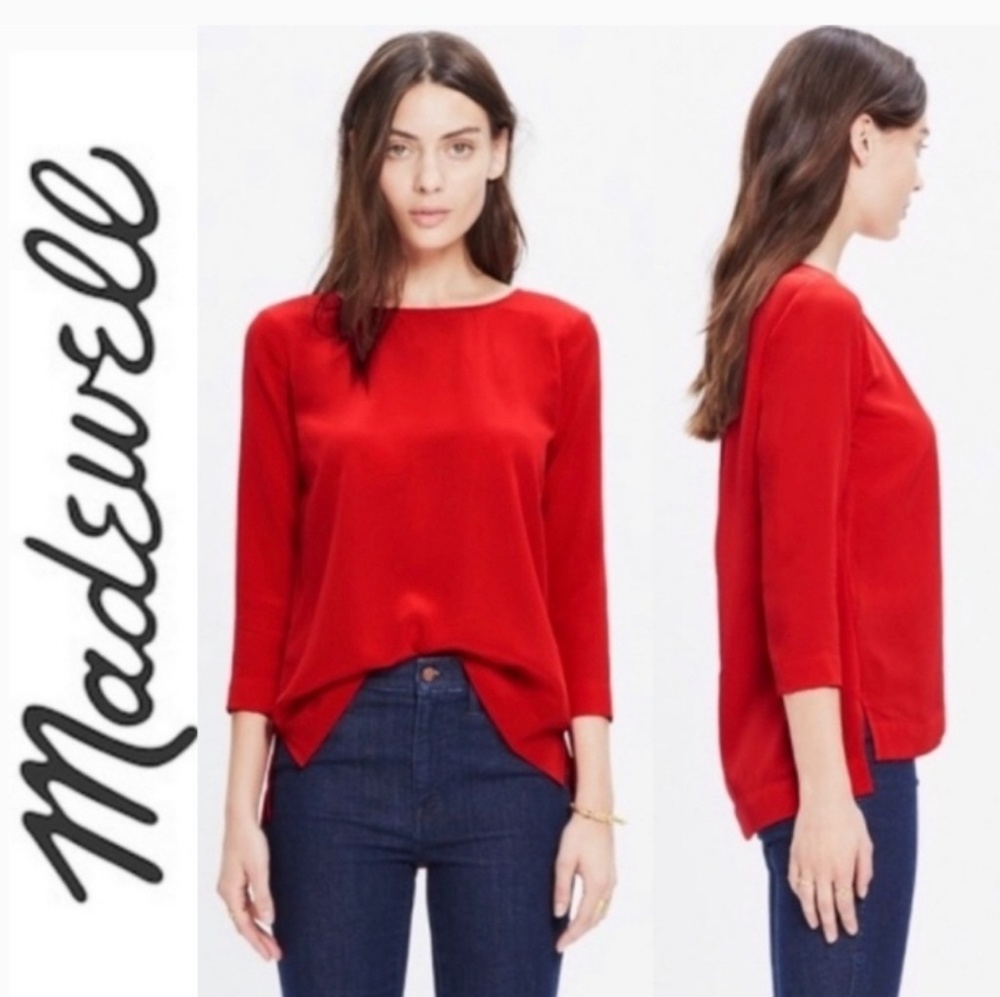 Madewell Retrospect Solid Red 100% Silk Blouse Szs - image 1